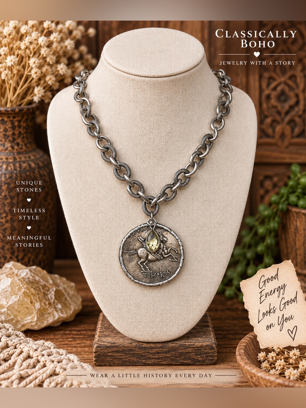 Antique Silver Chain 17” with Greek Coin - Pegasus and Lemon Quartz Charm